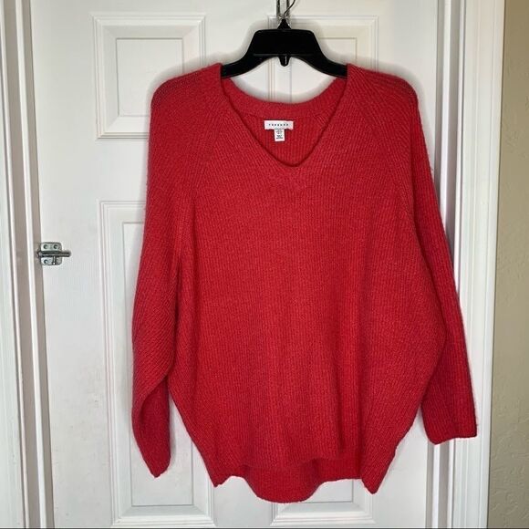 Topshop Oversized V Neck Ribbed Sweater Coral Pink - Picture 2 of 9